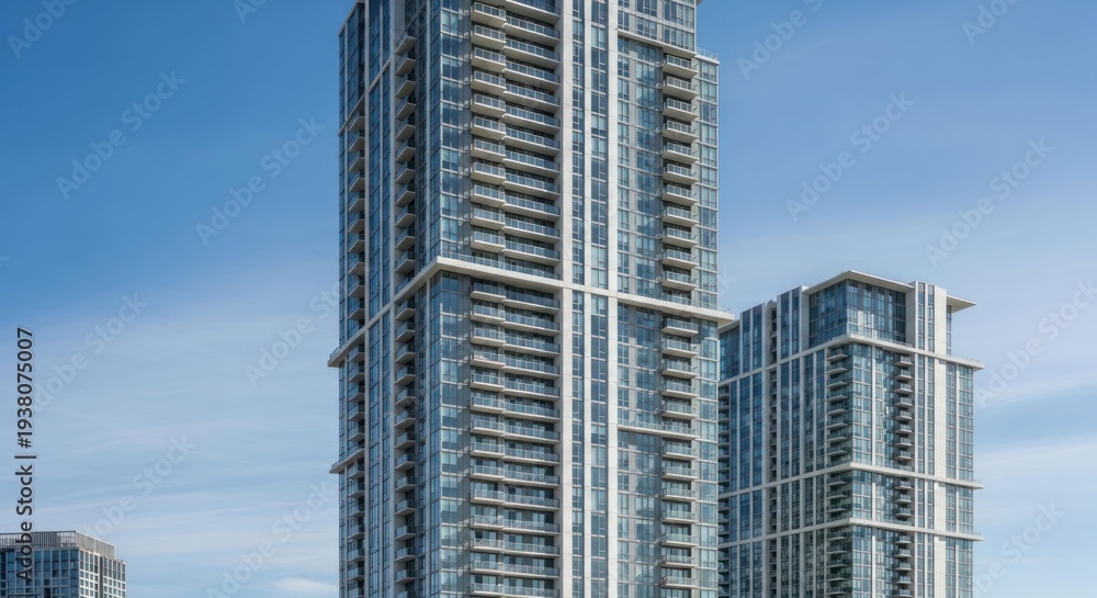 Fototapeta premium Modern high-rise apartment complex reaching into a clear blue sky