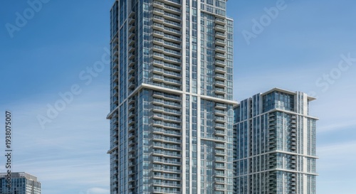 Modern high-rise apartment complex reaching into a clear blue sky