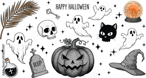 Hand drawn vintage Halloween vector illustration set featuring spooky ghosts, carved jack o lantern pumpkin, skull, witch hat, gravestone, and magic occult elements.