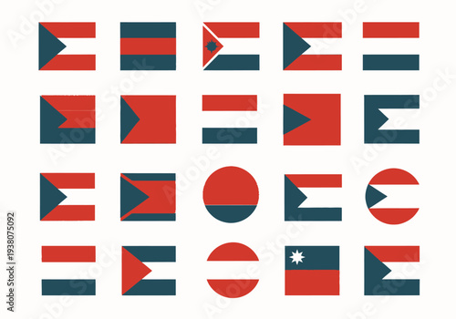 Grid of twenty abstract geometric flag designs in red dark teal and white Free Download Grid of twenty abstract geometric flag designs in red dark teal and white - GFXLoad