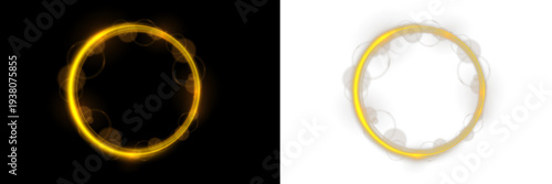 Bright golden halo with shimmering sparkles and glow. Circular light frame radiates warmth and luxury. Transparent PNG element for creative overlays.