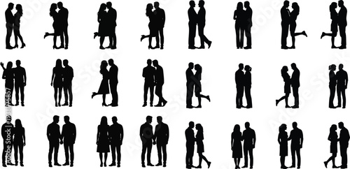 Collection of black silhouettes of couples in various romantic poses and relationships