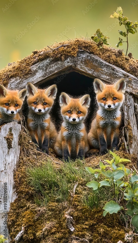 Fototapeta premium Adorable fox cubs peeking out from their cozy shelter, showcasing their endearing charm.