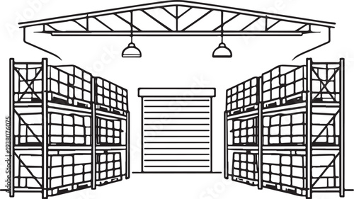 Agricultural Distribution Warehouse Interior Black and White Line Art Vector Illustration