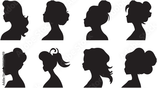 Elegant Silhouette Portraits of Women with Various Hairstyles - Black and White Vector Set