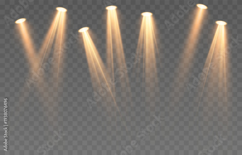Yellow light source illuminates the stage or studio. Light source PNG. Stage lighting. Light effect.
