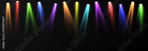 Multicolored light sources illuminate the stage or studio. Light source PNG. Stage lighting. Light effect.