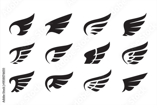 Black abstract wing emblems for business logos and creative branding projects