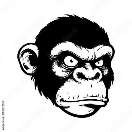 Dibujo sencillo con líneas de la cabeza de un simio enojado mirando de reojo 