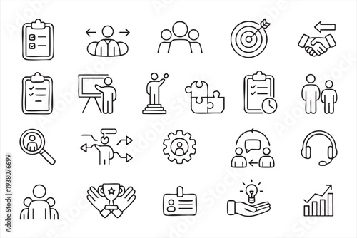 Business management icon set for teamwork, leadership and strategy design concepts