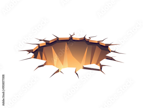 vector hole in the ground with glowing orange light- cracked surface with angular fragments on neutral background