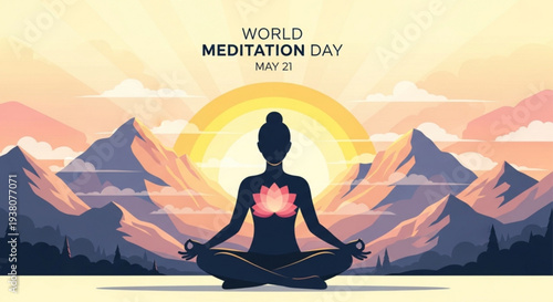 Woman meditates in lotus position at sunrise over mountains on world meditation day
