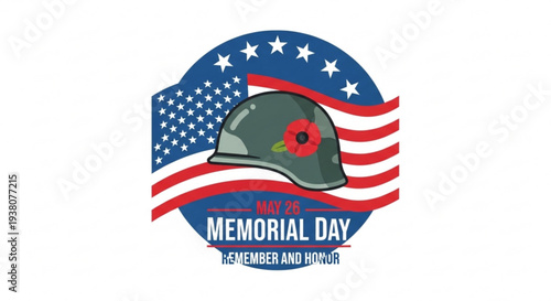 Memorial day logo with american flag helmet and poppy flower patriotic symbol