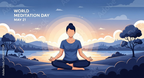 Woman meditating in lotus position at serene lake during sunset on world meditation day
