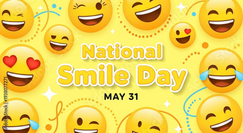 National smile day emoticons on yellow background with smiling faces