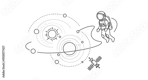 Astronaut floating in space with planets sun and satellite in a line drawing