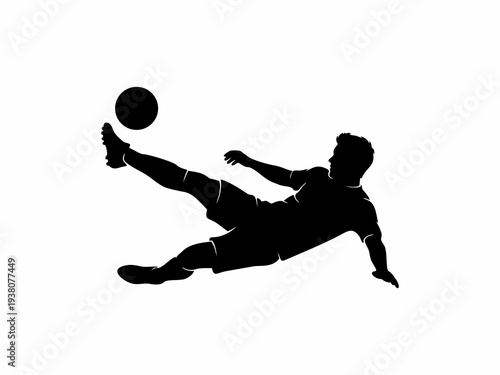 Soccer player silhouette performing a bicycle kick or volley shot isolated on white background.