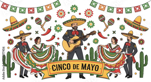 Cinco de mayo celebration with mariachi band and traditional decorations