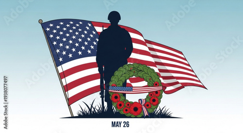 Memorial day tribute with american flag and wreath silhouette