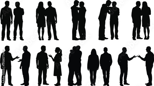 Collection of various black silhouettes of people standing and talking to each other in different poses