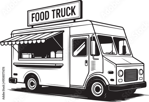 A clear black and white illustration shows a mobile food truck with a FOOD TRUCK sign and extended awning
