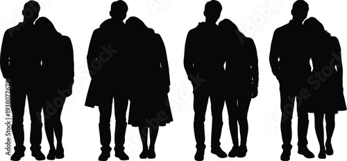 Silhouettes of four couples standing together in various poses side by side