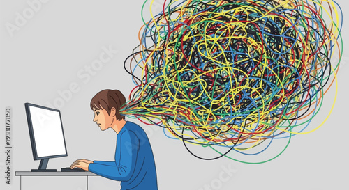 Stressed young man sitting at computer with tangled mess of colorful lines coming from brain