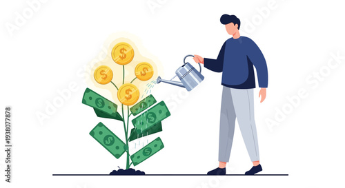 A man watering money tree with dollar bills and coins concept of financial investment