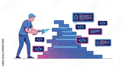 A man building wall from coding blocks and programming language elements