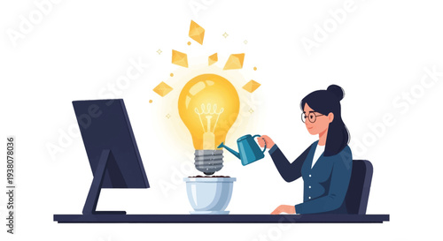 Woman watering lightbulb growing in pot symbolizing nurturing ideas innovation and creative concept development