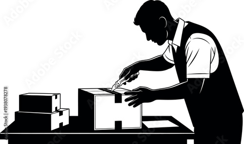 Man Unboxing Package with Cutter Knife Silhouette; Logistics Worker or Courier Opening Cardboard Box, Parcel Delivery Service, E-commerce Fulfillment Concept, Male Professional Illustration.