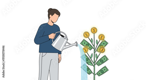 Man watering money tree with banknotes and coins growing on branches to symbolize financial growth