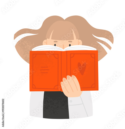 Girl reading a red book. Cute vector illustration in flat style isolated on white background. Young woman reads romance novel. Template for greeting card in cartoon style