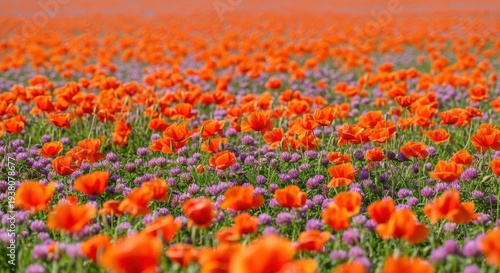 Field of intense orange poppies and delicate purple owl's clover blooming profusely across a sunny, sprawling springtime meadow landscape, growth, flora, natural