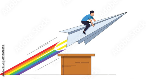 Young man riding paper airplane with rainbow trail launching from desk indicating creativity