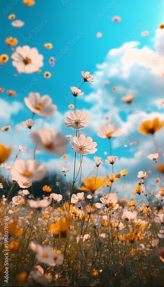 Fototapeta premium Vibrant summer meadow filled with colorful cosmos flowers under a clear blue sky on a sunny day