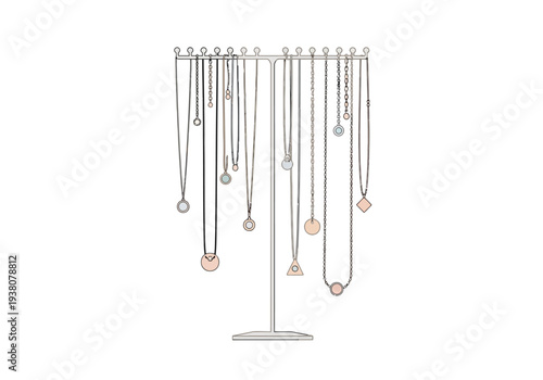 A collection of assorted pendants displayed on a metal stand, showcasing various designs and styles in a minimalist setting from a front viewpoint