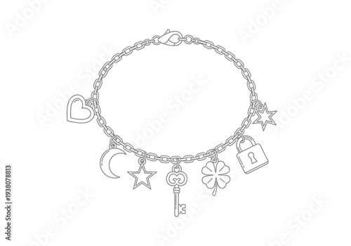 A delicate charm bracelet featuring various charms on a chain, viewed from directly above against a transparent background