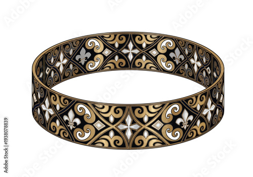 An ornate metal bangle with intricate designs and patterns showcased on a plain background from a frontal viewpoint