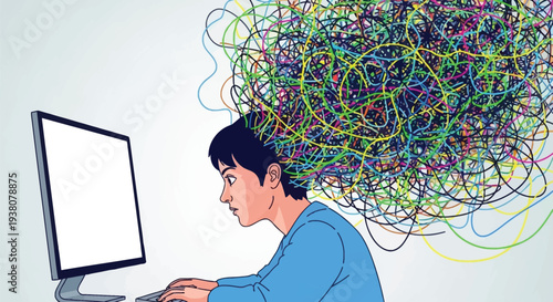 Man sitting at computer with tangled colorful lines above head representing mental confusion
