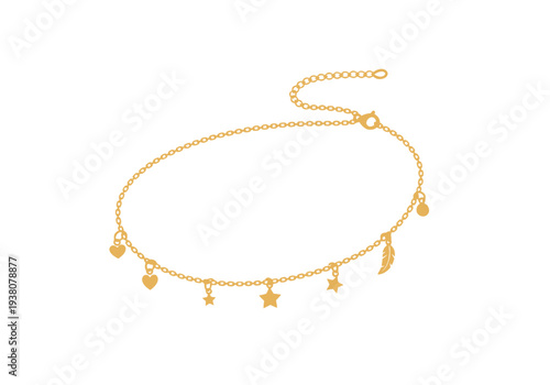 Golden charm bracelet with dangling charms, stars, and leaves, isolated on a clean background, viewed from directly above