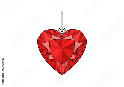 A red heart-shaped gemstone pendant hanging from a metal loop, showcasing intricate facets and a vibrant red color, illustrated in a digital artwork.