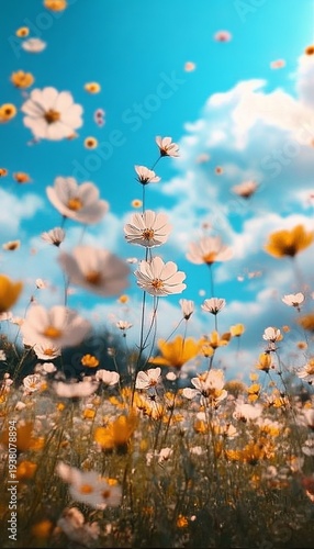Vibrant summer meadow filled with colorful cosmos flowers under a clear blue sky on a sunny day