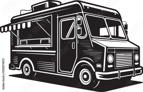 A monochromatic illustration shows a classic mobile food truck with an open service window and an extended awning