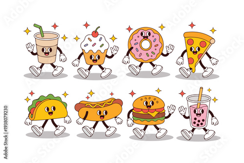 An adorable assembly of retro cartoon fast food characters with cheerful faces, arms, and legs gleefully strolling