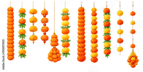 A charming watercolor collection of Diwali marigold flower garlands hanging vertically for Indian festival decorations and celebration design.