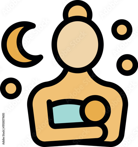 Mother breastfeeding her baby at night, creating a peaceful and loving moment under a crescent moon