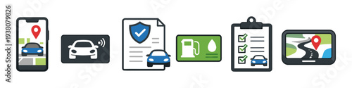 Car services icons: navigation, keyless entry, insurance, fuel, checklist, and GPS