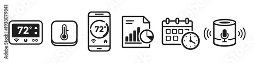 Smart home technology icons: thermostat, thermometer, phone, analytics, calendar, and voice assistant