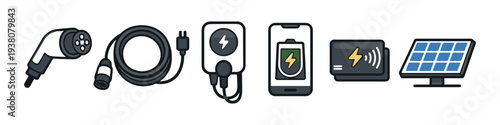 Electric vehicle charging equipment, solar panel, and wireless charging icons